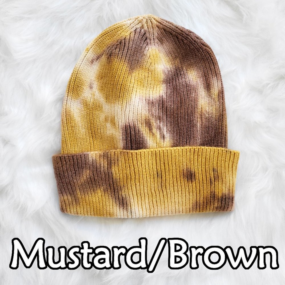 Mustard/Brown Tie-Dye Beanie, Slouchy Beanie, Soft Ribbed Beanie, Warm Beanie